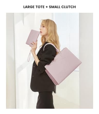 LOVEVOOK Laptop Tote Bag for Women, Leather Business Office Work Bag Computer Briefcase with Small Clutch fit for 15.6 Inch Laptop Pink - Image 3