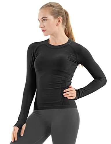 MathCat Seamless Workout Shirts for Women Long Sleeve Yoga Tops Sports Running Shirt Breathable Athletic Top Slim Fit Black - Image 1