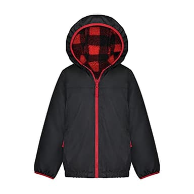 LONDON FOG Baby Boy's Midweight Fleece-to-Poly Reversible Hooded Jacket, Grey to Red Check - Image 3