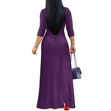 FANDEE Women's 2025 Maxi Dress - Solid Color Bohemian Summer Long Maxi Dress V-Neck 3/4 Sleeve Perple M - Image 3