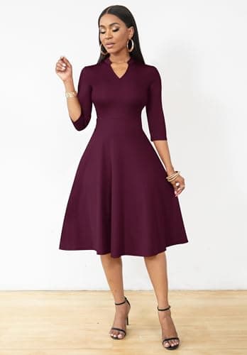 Nmoder Casual Dresses for Women Semi Formal Fit and Flare 3/4 Sleeve A-line Church Work Dress with Pockets Red 3XL - Image 3