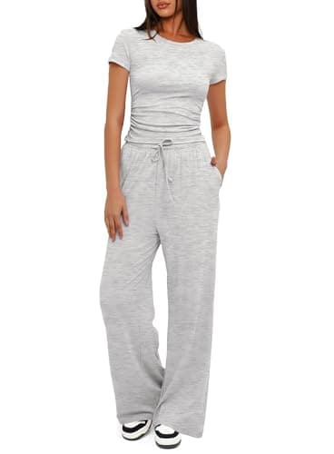 Darong Women's 2 Piece Trendy Outfits Relaxed Fit T Shirts and Long Pants Matching Sets Cozy Tracksuit Sets 9042B Light Grey M - Image 1