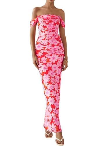 PRETTYGARDEN Maxi Dresses for Women 2025 Summer Elegant Floral Off Shoulder Ruched Mesh Cocktail Wedding Guest Dress (Pink Daisy,Small) - Image 7
