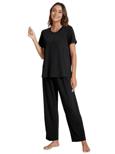 POKWAI Womens Pajama Sets Summer Short Sleeve Long Pants Pajamas Set Soft 2 Piece Pjs Ladies Pajamas Sleepwaer Pj(Black,XX-Large) - Image 5