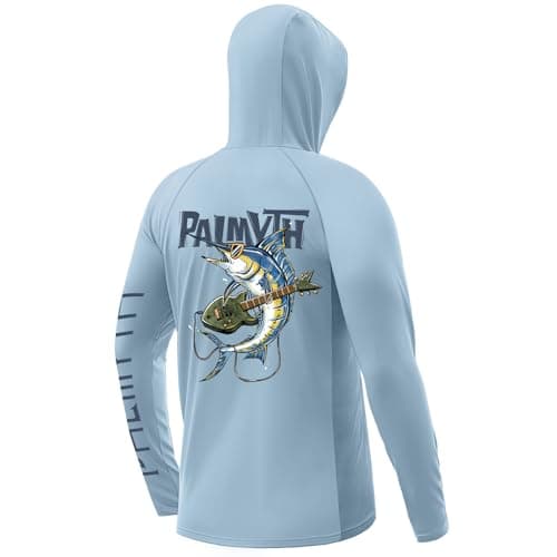 Palmyth Mens Fishing Shirts UV Sun Protection Vented Hoodie Long Sleeve with UPF 50+ Neck Gaiter Light Blue Marlin Guitar X-Large - Image 1