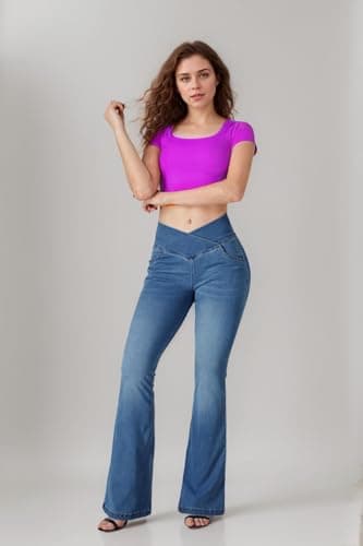 BlueRose Flare Jean Leggings for Women,Bell Bottom Jeans for Women Knit Crossover High Waisted Bootcut Jean Blue - Image 5