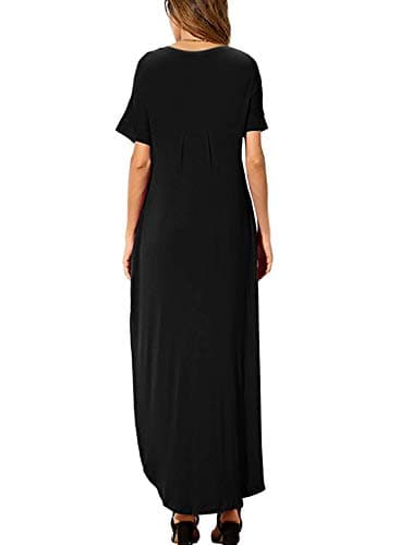 HUSKARY Womens Casual Pocket Beach Long Dress Short Sleeve Split Loose Maxi Dress, Black 01, X-Large - Image 2