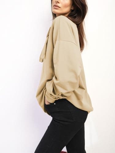 Cakulo 2025 Oversized Sweatshirts for Women Loose Fit Fall Fashion Crewneck Long Sleeve Casual Cute Bow Tunic Tops Khaki M - Image 3