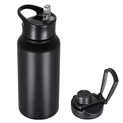 VQRRCKI 32 oz Insulated Water Bottle with Straw Lid & Wide Mouth Lids, Stainless Steel Sports Water Bottles, Double Walled Vacuum, Leak Proof, Black - Image 1