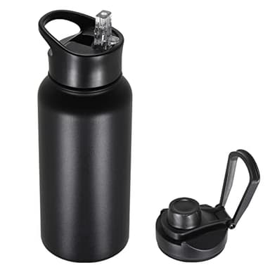 VQRRCKI 32 oz Insulated Water Bottle with Straw Lid & Wide Mouth Lids, Stainless Steel Sports Water Bottles, Double Walled Vacuum, Leak Proof, Black - Image 1