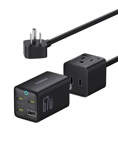 Baseus Charging Station 67W, 5 in 1 Detachable Travel Power Strip USB C Fast Charger, 5ft Flat Extension Cord with 2 AC Outlets, Portable Charger for MacBook Pro, iPhone, Cruise Travel Essentials - Image 1