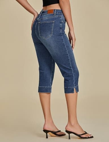 luvamia Capri Jeans for Women Trendy High Waisted Slim Split Hem Stretch Denim Jean Capris Cropped Pants Casual Summer Capri Jeans for Women Dark Atlantic Blue Medium Fits Size 8 / Size 10 - Image 2