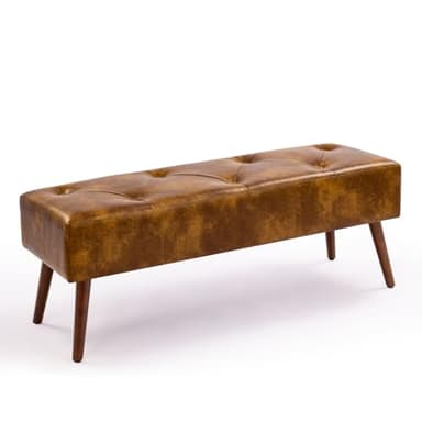 Furnimart Faux Leather Bench Ottoman, Tufted Button Bedroom Benches Footrest Stool in Solid Wood Legs, Long and Dining Bench, Indoor Bench for Entryway Living Room Bedroom (Leather-DustYellow) - Image 1