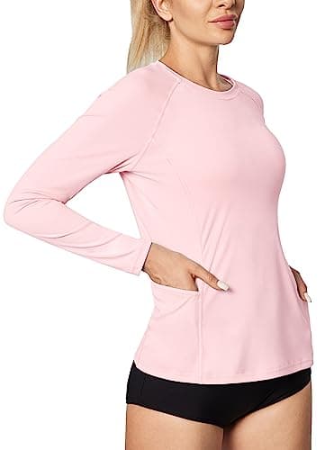 IUGA Rash Guard for Women UPF 50+ SPF UV Protection Long Sleeve Workout Tops with Pockets Dry Fit Hiking Swim Shirt Pink - Image 1