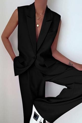 PRETTYGARDEN Women's 2 Piece Outfits Sleeveless Suit Vest and Wide Leg Pants Business Casual Blazer Sets (Black,Large) - Image 2