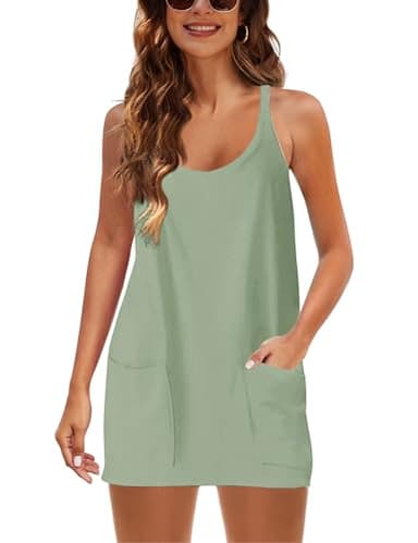 Yidarer Womens Summer Athletic Mini Dress Sleeveless Spaghetti Strap Built-in Shorts V Neck Sundress with Pockets (PeaGreen-S) - Image 2