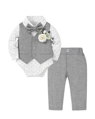 Coco&RARA Baby Boy Clothes Suits Infant Tuxedo Gentleman Outfits, Formal Dress Shirt+Vest+Corsage+tie+Pants Baby Suit Sets(Grey, 3-6M) - Image 1