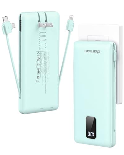 charmast Portable Charger with Built-in Cables and Plug, 10000mAh USB C Power Bank Fast Charging, External Battery Pack Slim, Travel Essentials Compatible with iPhones, Samsung Galaxy, iPad - Image 1