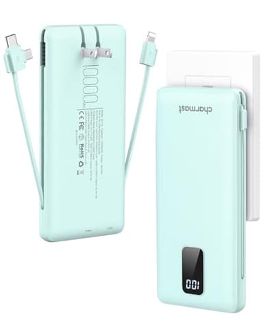 charmast Portable Charger with Built-in Cables and Plug, 10000mAh USB C Power Bank Fast Charging, External Battery Pack Slim, Travel Essentials Compatible with iPhones, Samsung Galaxy, iPad - Image 1