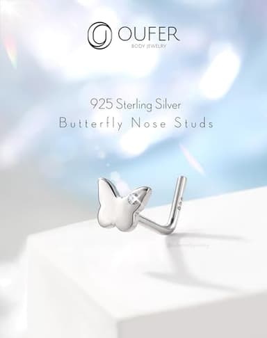OUFER Butterfly Nose Studs, 925 Sterling Silver Nose Rings, L-Shaped Nose Piercing Jewelry, Cute Nostril Piercing, 20G Nose Rings For Women-7MM - Image 2