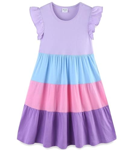 Little Girl Summer Dress Cotton Pocket Easter Ruffle Short Sleeve Tiered Swing Twirly Casual Sundress Dresses for Girls Clothes Outfits Clothing Color Block Lilac 6-7 Years - Image 1