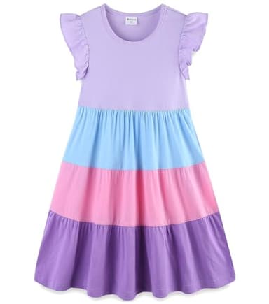 Little Girl Summer Dress Cotton Pocket Easter Ruffle Short Sleeve Tiered Swing Twirly Casual Sundress Dresses for Girls Clothes Outfits Clothing Color Block Lilac 6-7 Years - Image 1