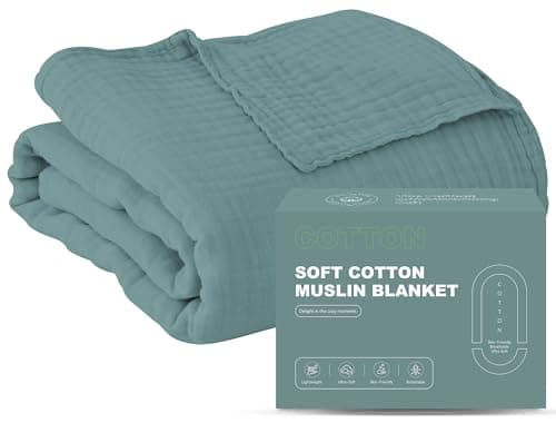 Cosy Family 100% Cotton Muslin Bed Blanket - Breathable and Lightweight Gauze Boho Blanket for Spring, Green, 80x90 Inches - Image 1