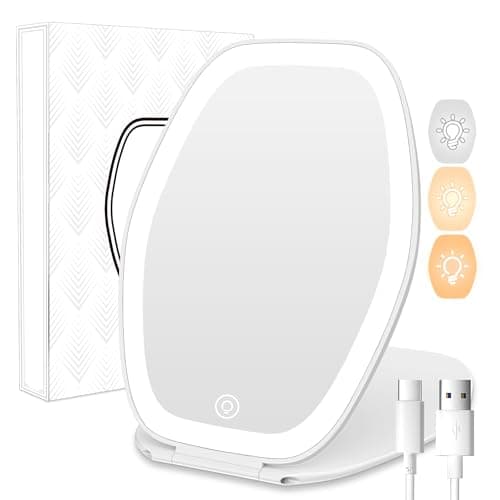 Travel Makeup Mirror with Light: 3 Color Lighting Portable Mirror with Touch Screen Rechargeable Adjustable LED Lights Hexagon Vanity Mirror for Travel, Desk, Home (White) - Image 1