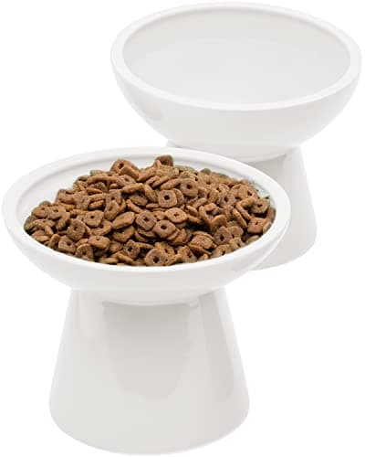 CEEFU 2 Elevated Ceramic Cat Bowls Extra Wide for Food & Water – Whisker Fatigue Shallow Food Dish, Lead & Cadmium-Free, Raised Height for Cats and Dogs, Two Different Depth Bowls, White - Image 1