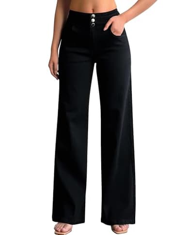 roswear Women's Wide Leg Jeans Casual High Waisted Stretch Baggy Loose Denim Pants Black Medium - Image 3