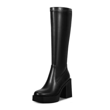 wetkiss Platform Side Zipper Knee High Boots Women Black Block Boots for Women Tall Long Platform Heel Boot Gogo Chunky Stretchy Boot Round Toe Black Size 10 - Image 1