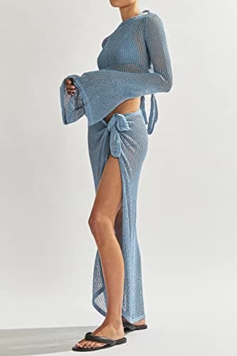LANNEW Women's Swimsuits Cover Ups Set for Crochet Bathing Suit Hollow Out 2 Piece Bikini Coverup Beach Swimwear Blue - Image 2