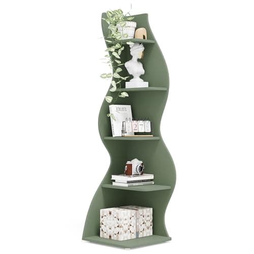 Tribesigns Corner Shelf, Modern 5-Tier Wall Corner Bookshelf, Stylish Corner Small Bookcase Storage Rack Plant Stand with Unique Shape for Living Room, Home Office (Sage Green, 1PC) - Image 1