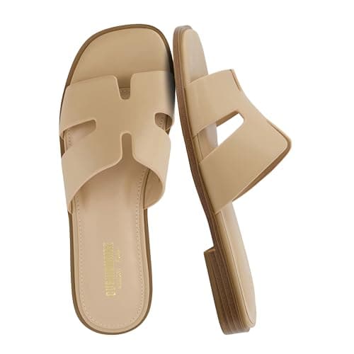 CUSHIONAIRE Voyage Cutout Strap Slides for Women, Slip On Summer Flats, Trendy Footwear, Comfortable Vacation Style Sandals for Women 2025, TAN 7.5 - Image 1