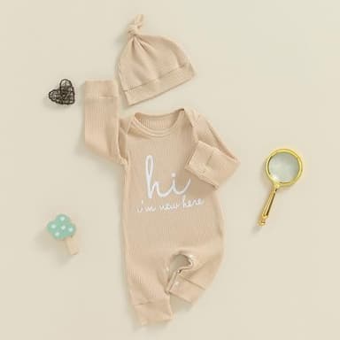 aporake Baby Boy Girl Clothes Hi I'm New Here Newborn Outfit One Piece Romper Bodysuit Jumpsuit+hat Newborn Hospital Outfit (Beige, 6-12 Months) - Image 2