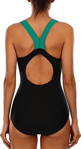 beautyin Women One Piece Bathing Suit Sport Swimsuit Athletic Racing Swimwear M Black Green - Image 2