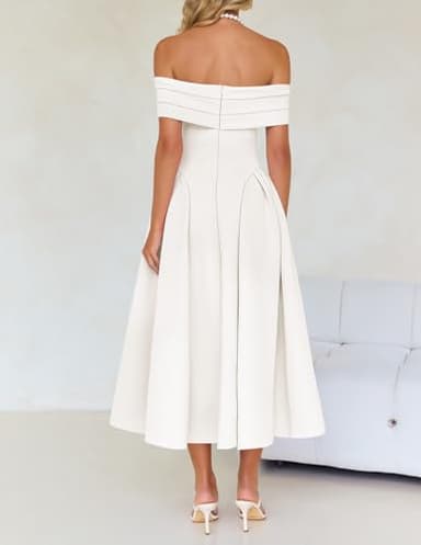 ZESICA Cocktail Dresses for Women's Elegant Off Shoulder Short Sleeve Swing A Line Wedding Evening Party Midi Dress,White,Medium - Image 4