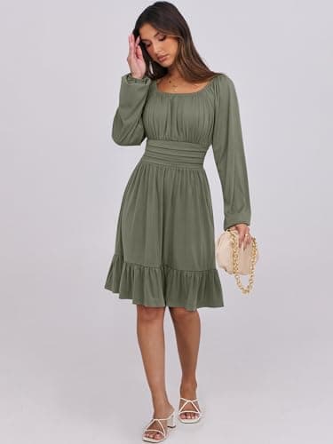 ANRABESS Womens Dress Long Lantern Sleeve Square Neck Elastic Waist Ruffle Flowy Swing A-Line Short Dresses 2025 Fall Fashion Army Green Medium - Image 6