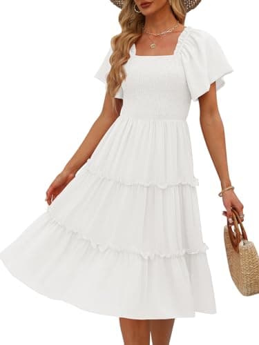 LILLUSORY Spring Midi Graduation Bridal Baby Shower Dresses Women 2024 Summer Casual Flowy Bridal Sun Sundress Trendy Brunch Cute Ladies Vacation Smocked Teacher Clothes Outfits White - Image 1
