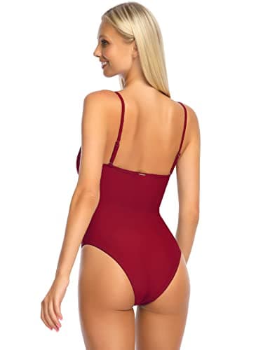 RELLECIGA Women's Wine Red High Cut Bandeau One Piece Swimsuits with Adjustable Shoulder Straps Size Small - Image 3