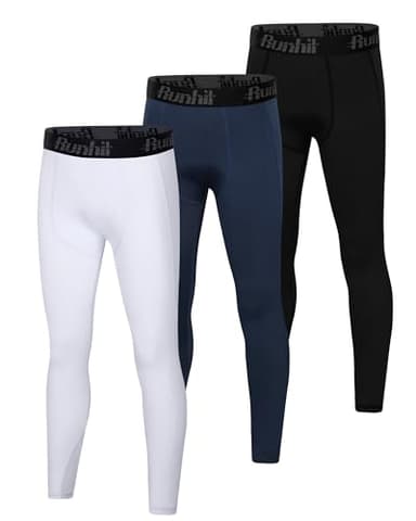 Runhit 3 Pack Boys Compression Leggings,Athletic Tights Basketball Compression Pants,Youth Boys Base Layer Pants Sports Legging Black+White+Navy Blue S - Image 1