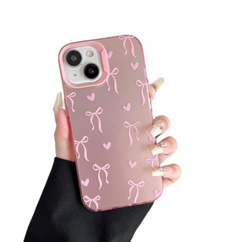 ZTOFERA for iPhone 13/14 Case,Cute Pink Ribbon Bow Tie Planet Star Floral Aesthetic Phone Case,Trendy Slim Hard IMD Shockproof Protective Bumper Phone Cover for Women Girls,Heart - Image 1