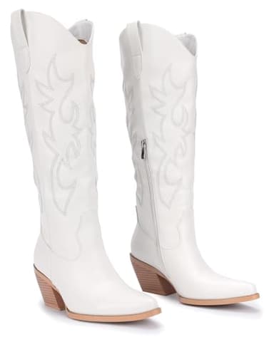Pasuot White Cowboy Boots for Women - Wide Calf Cowgirl Knee High Western Boots with Side Zip and Embroidered, Pointed Toe Chunky Heel Retro Classic Tall Boot Pull On for Ladies Fall Winter Size 8.5 - Image 5