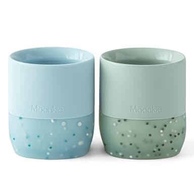 Moonkie Silicone Baby Cups 4 Months+ | Tiny Open Training Cups for Infants with Confetti Sprinkles | Baby-Led Weaning Essential | 2 oz (Ether/Mint, 2 Pack) - Image 1