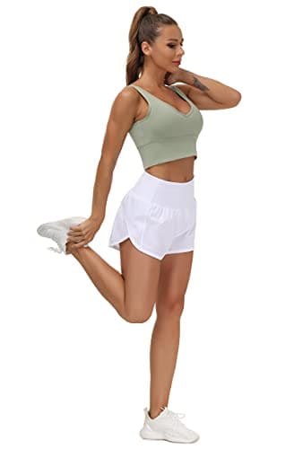 THE GYM PEOPLE Womens High Waisted Running Shorts Quick Dry Athletic Workout Shorts with Mesh Liner Zipper Pockets (White, Medium) - Image 3