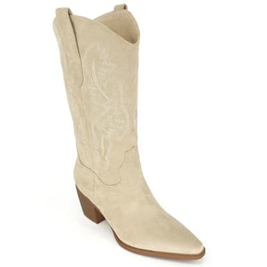 iiimmu Cowgirl Tall Boots Pointed Toe and Block Heel Cowboy Suede Boots with Embroidered, Beige, Size 8 - Image 8