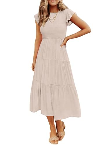 ZESICA Women's 2025 Summer Casual Flutter Short Sleeve Crew Neck Smocked Elastic Waist Tiered Midi Dress,Apricot,Medium - Image 1