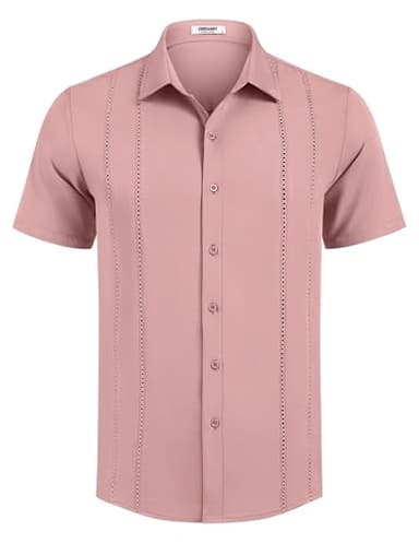 COOFANDY Guayabera Shirts for Men Short Sleeve Button Down Shirts Summer Beach Wear Dusty Pink - Image 5