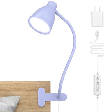 BOHON Desk Lamp with Clamp, 10W 38 LED Clip on Light, 5 Color 10 Brightness Auto Off Timer, Flexible Gooseneck Clip Lamp, Desk Lights for Office Home Bed Bedside Reading, Lilac Purple - Image 1