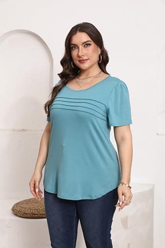 Plus Size T Shirts for Women Summer Short Flare Sleeve Pleated Dressy Casual Scooped Neck Summer Tops Blouses 3X Turquoise - Image 2